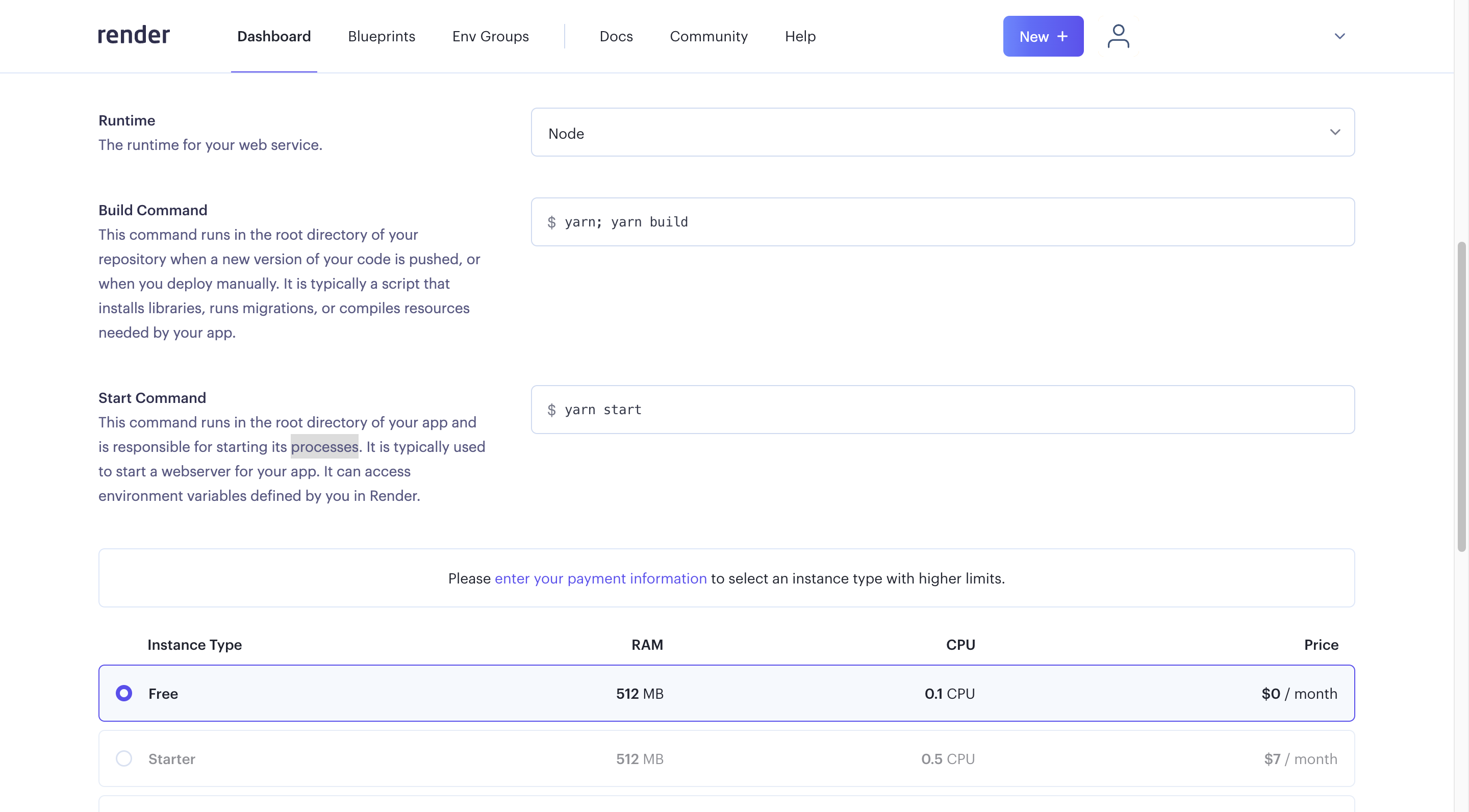 Render deployment commands and plan 